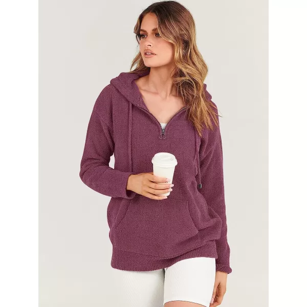 imageANRABESS Women Quarter Zip Long Sleeve Oversized Hoodie Sweater Drawsring V Neck Casual Loose Fall Sweatshirt ClothesFuchsia