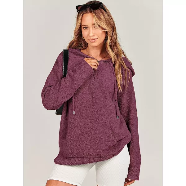 imageANRABESS Women Quarter Zip Long Sleeve Oversized Hoodie Sweater Drawsring V Neck Casual Loose Fall Sweatshirt ClothesFuchsia