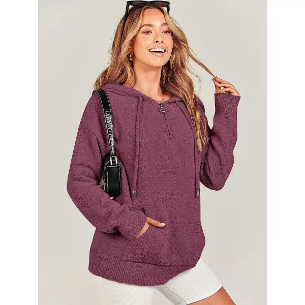 imageANRABESS Women Quarter Zip Long Sleeve Oversized Hoodie Sweater Drawsring V Neck Casual Loose Fall Sweatshirt ClothesFuchsia