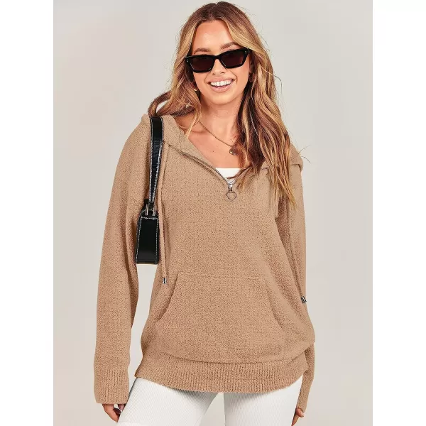 imageANRABESS Women Quarter Zip Long Sleeve Oversized Hoodie Sweater Drawsring V Neck Casual Loose Fall Sweatshirt ClothesKhaki