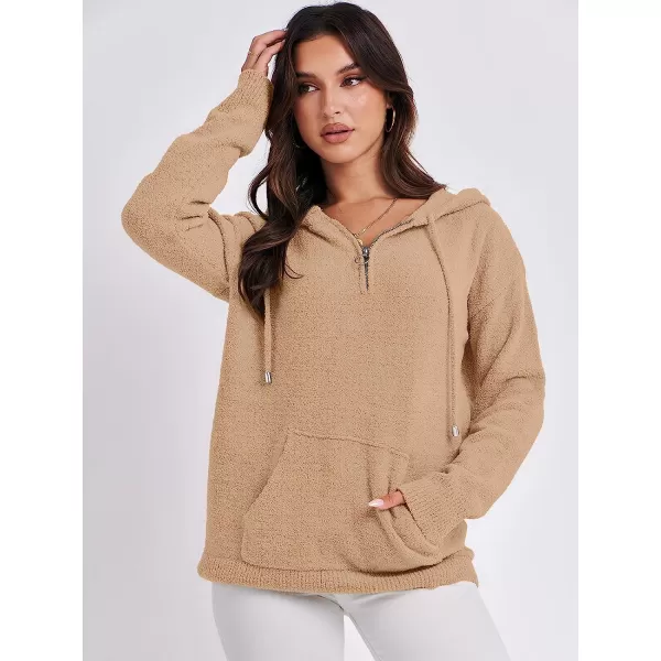 imageANRABESS Women Quarter Zip Long Sleeve Oversized Hoodie Sweater Drawsring V Neck Casual Loose Fall Sweatshirt ClothesKhaki