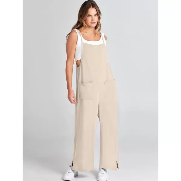 imageANRABESS Women Rompers Casual Loose Linen Wide Leg Baggy Jumpsuit Long Bib Pants Beach Vacation Overalls with PocketsApricot