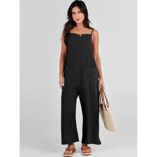 imageANRABESS Women Rompers Casual Loose Linen Wide Leg Baggy Jumpsuit Long Bib Pants Beach Vacation Overalls with PocketsBlack