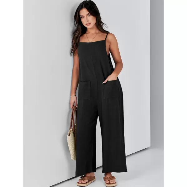 imageANRABESS Women Rompers Casual Loose Linen Wide Leg Baggy Jumpsuit Long Bib Pants Beach Vacation Overalls with PocketsBlack