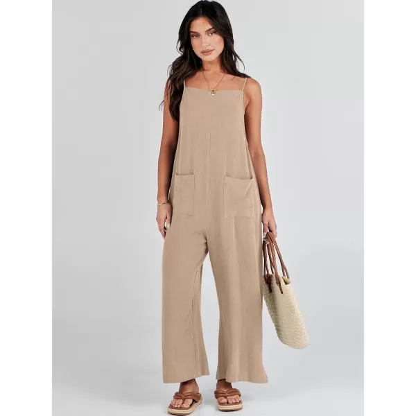 imageANRABESS Women Rompers Casual Loose Linen Wide Leg Baggy Jumpsuit Long Bib Pants Beach Vacation Overalls with PocketsKhaki