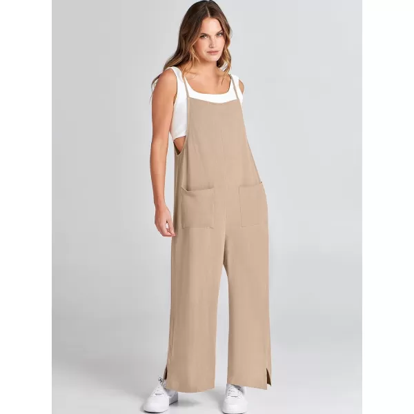imageANRABESS Women Rompers Casual Loose Linen Wide Leg Baggy Jumpsuit Long Bib Pants Beach Vacation Overalls with PocketsKhaki