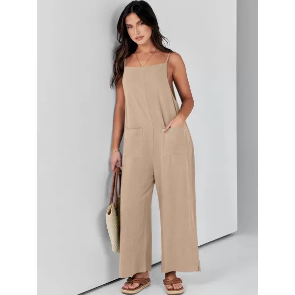 imageANRABESS Women Rompers Casual Loose Linen Wide Leg Baggy Jumpsuit Long Bib Pants Beach Vacation Overalls with PocketsKhaki