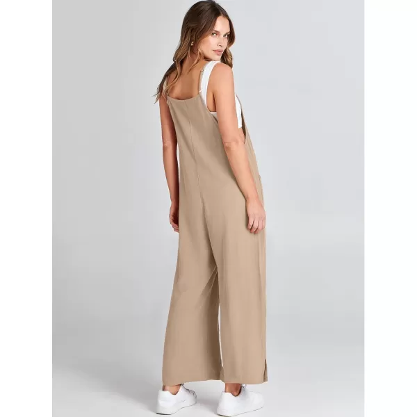 imageANRABESS Women Rompers Casual Loose Linen Wide Leg Baggy Jumpsuit Long Bib Pants Beach Vacation Overalls with PocketsKhaki