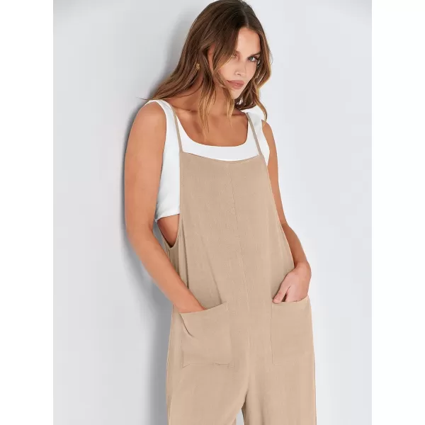 imageANRABESS Women Rompers Casual Loose Linen Wide Leg Baggy Jumpsuit Long Bib Pants Beach Vacation Overalls with PocketsKhaki