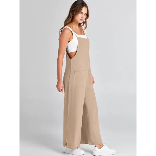 imageANRABESS Women Rompers Casual Loose Linen Wide Leg Baggy Jumpsuit Long Bib Pants Beach Vacation Overalls with PocketsKhaki