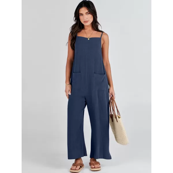 imageANRABESS Women Rompers Casual Loose Linen Wide Leg Baggy Jumpsuit Long Bib Pants Beach Vacation Overalls with PocketsNavy Blue