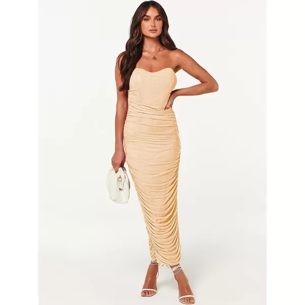 imageANRABESS Women Ruched Bodycon Dress 2023 Summer Sexy Strapless Sleeveless Slit Party Cocktail Club Night DressesApricot