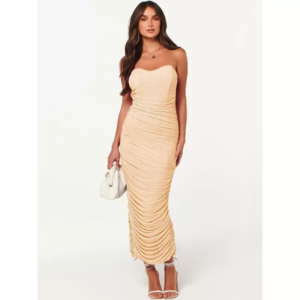 imageANRABESS Women Ruched Bodycon Dress 2023 Summer Sexy Strapless Sleeveless Slit Party Cocktail Club Night DressesApricot