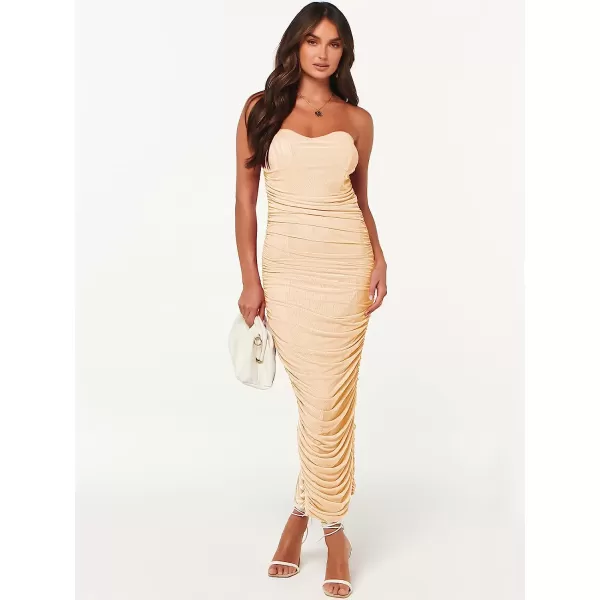 imageANRABESS Women Ruched Bodycon Dress 2023 Summer Sexy Strapless Sleeveless Slit Party Cocktail Club Night DressesApricot