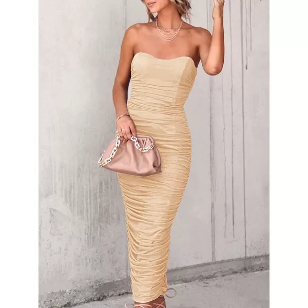 imageANRABESS Women Ruched Bodycon Dress 2023 Summer Sexy Strapless Sleeveless Slit Party Cocktail Club Night DressesApricot