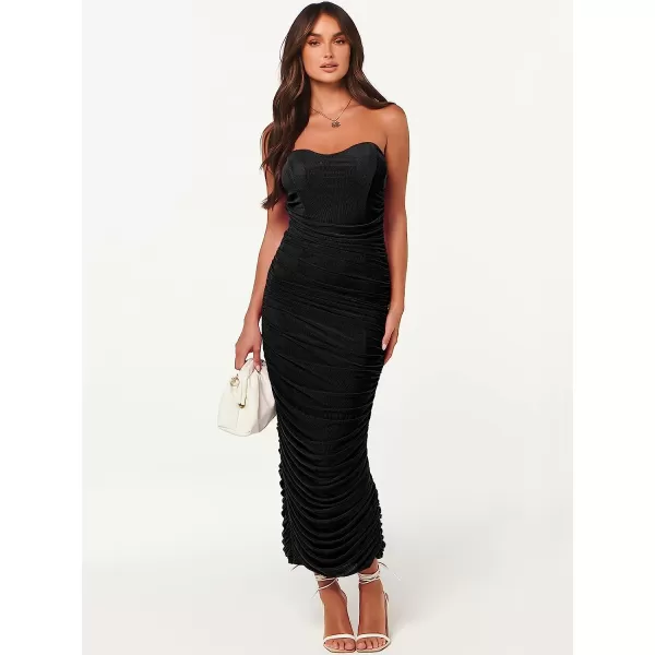 imageANRABESS Women Ruched Bodycon Dress 2023 Summer Sexy Strapless Sleeveless Slit Party Cocktail Club Night DressesBlack