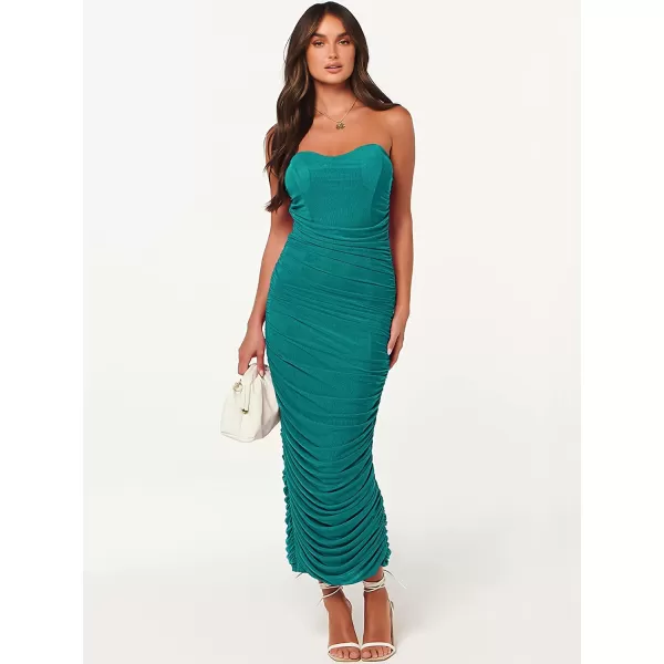 imageANRABESS Women Ruched Bodycon Dress 2023 Summer Sexy Strapless Sleeveless Slit Party Cocktail Club Night DressesLake Green
