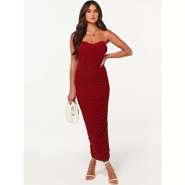 imageANRABESS Women Ruched Bodycon Dress 2023 Summer Sexy Strapless Sleeveless Slit Party Cocktail Club Night DressesRed
