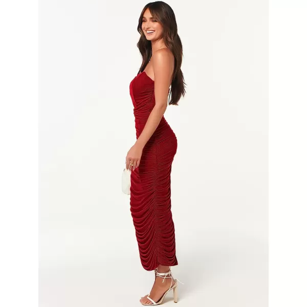 imageANRABESS Women Ruched Bodycon Dress 2023 Summer Sexy Strapless Sleeveless Slit Party Cocktail Club Night DressesRed