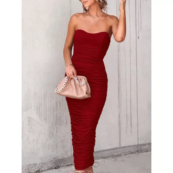 imageANRABESS Women Ruched Bodycon Dress 2023 Summer Sexy Strapless Sleeveless Slit Party Cocktail Club Night DressesRed