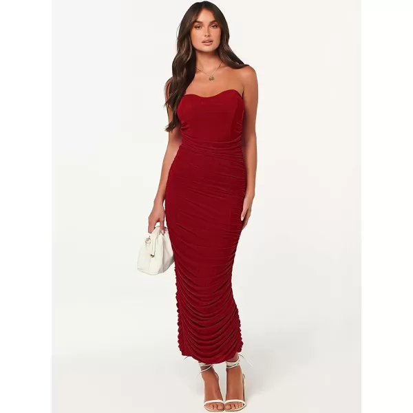 imageANRABESS Women Ruched Bodycon Dress 2023 Summer Sexy Strapless Sleeveless Slit Party Cocktail Club Night DressesRed
