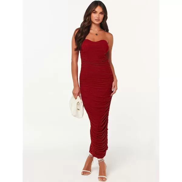 imageANRABESS Women Ruched Bodycon Dress 2023 Summer Sexy Strapless Sleeveless Slit Party Cocktail Club Night DressesRed