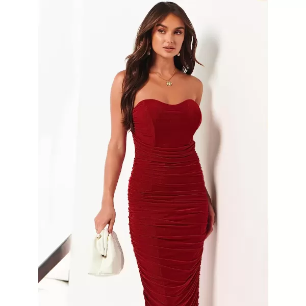 imageANRABESS Women Ruched Bodycon Dress 2023 Summer Sexy Strapless Sleeveless Slit Party Cocktail Club Night DressesRed