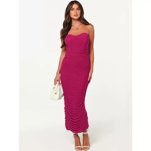 imageANRABESS Women Ruched Bodycon Dress 2023 Summer Sexy Strapless Sleeveless Slit Party Cocktail Club Night DressesRose