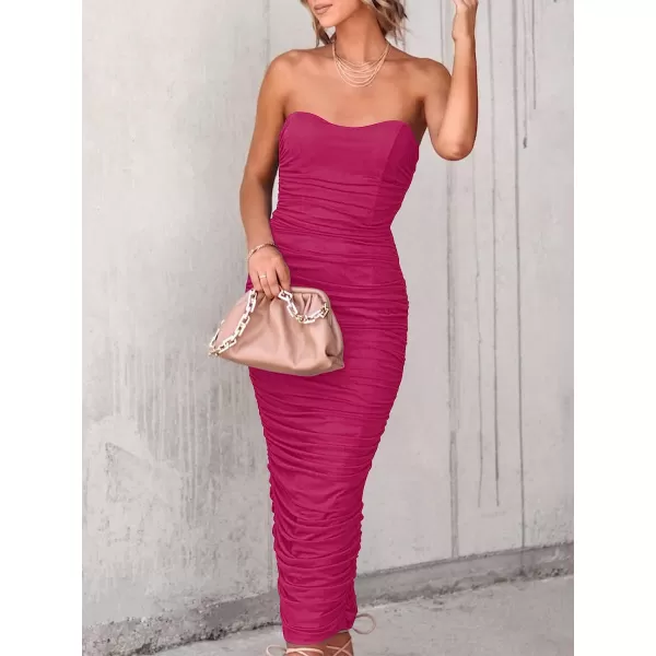 imageANRABESS Women Ruched Bodycon Dress 2023 Summer Sexy Strapless Sleeveless Slit Party Cocktail Club Night DressesRose