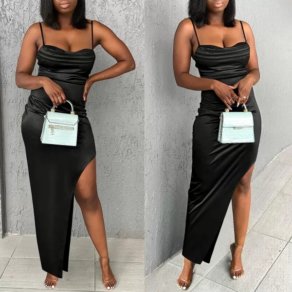 imageANRABESS Women Satin Maxi Dress Sleeveless Spaghetti Strap Cowl Neck Summer Ruched Bodycon High Slit Formal DressesBlack