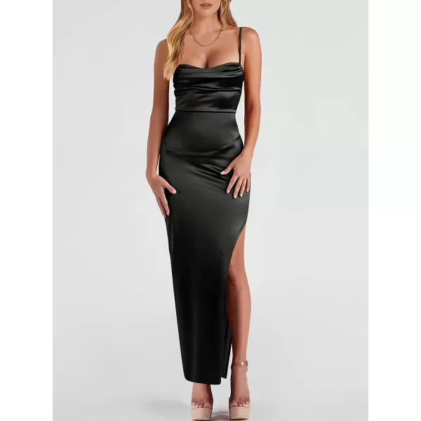 imageANRABESS Women Satin Maxi Dress Sleeveless Spaghetti Strap Cowl Neck Summer Ruched Bodycon High Slit Formal DressesBlack