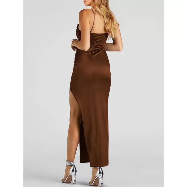 imageANRABESS Women Satin Maxi Dress Sleeveless Spaghetti Strap Cowl Neck Summer Ruched Bodycon High Slit Formal DressesBrown
