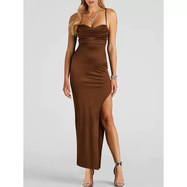 imageANRABESS Women Satin Maxi Dress Sleeveless Spaghetti Strap Cowl Neck Summer Ruched Bodycon High Slit Formal DressesBrown