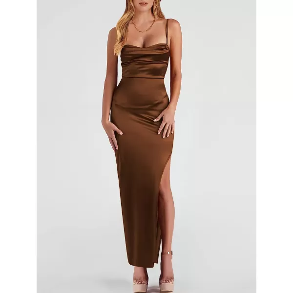imageANRABESS Women Satin Maxi Dress Sleeveless Spaghetti Strap Cowl Neck Summer Ruched Bodycon High Slit Formal DressesBrown