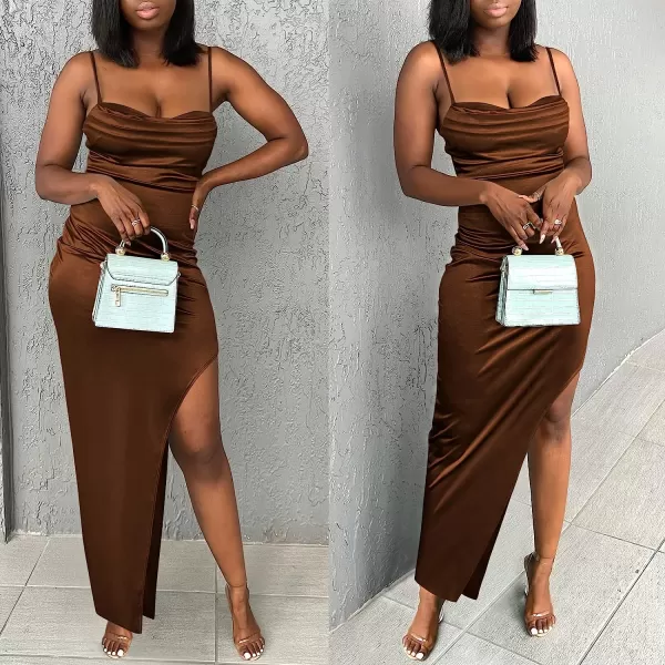 imageANRABESS Women Satin Maxi Dress Sleeveless Spaghetti Strap Cowl Neck Summer Ruched Bodycon High Slit Formal DressesBrown