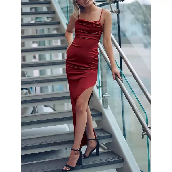imageANRABESS Women Satin Maxi Dress Sleeveless Spaghetti Strap Cowl Neck Summer Ruched Bodycon High Slit Formal DressesBurgundy
