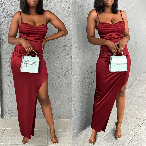 imageANRABESS Women Satin Maxi Dress Sleeveless Spaghetti Strap Cowl Neck Summer Ruched Bodycon High Slit Formal DressesBurgundy