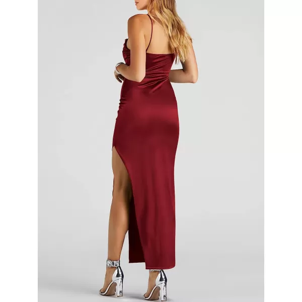 imageANRABESS Women Satin Maxi Dress Sleeveless Spaghetti Strap Cowl Neck Summer Ruched Bodycon High Slit Formal DressesBurgundy