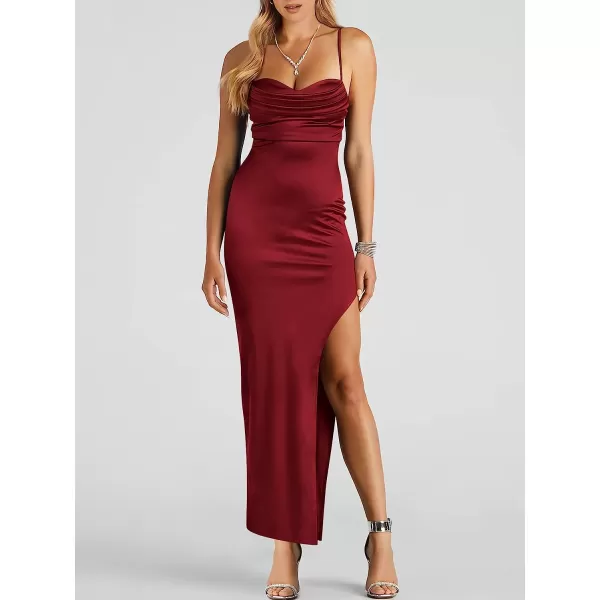 imageANRABESS Women Satin Maxi Dress Sleeveless Spaghetti Strap Cowl Neck Summer Ruched Bodycon High Slit Formal DressesBurgundy