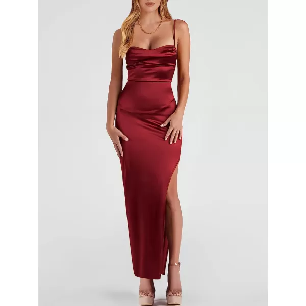imageANRABESS Women Satin Maxi Dress Sleeveless Spaghetti Strap Cowl Neck Summer Ruched Bodycon High Slit Formal DressesBurgundy