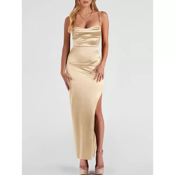 imageANRABESS Women Satin Maxi Dress Sleeveless Spaghetti Strap Cowl Neck Summer Ruched Bodycon High Slit Formal DressesChampagne