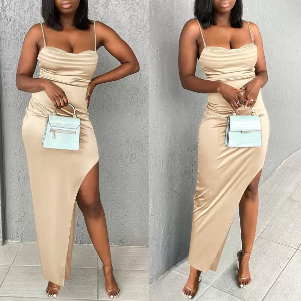 imageANRABESS Women Satin Maxi Dress Sleeveless Spaghetti Strap Cowl Neck Summer Ruched Bodycon High Slit Formal DressesChampagne