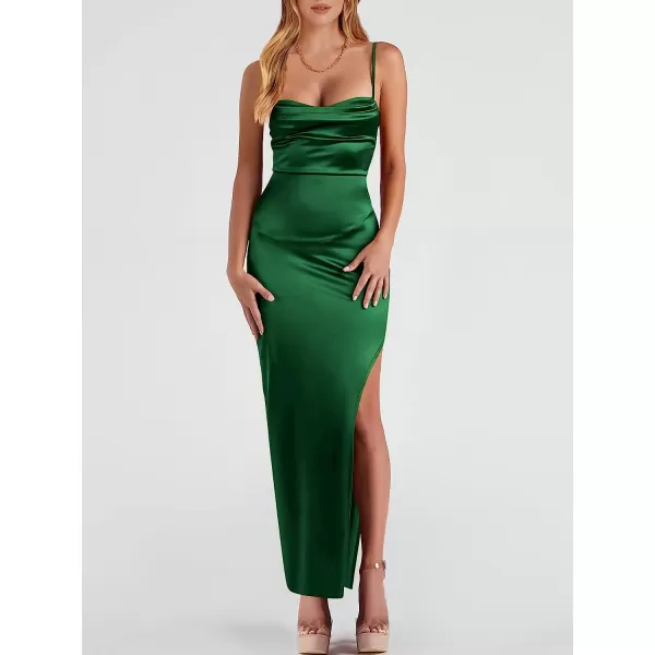 imageANRABESS Women Satin Maxi Dress Sleeveless Spaghetti Strap Cowl Neck Summer Ruched Bodycon High Slit Formal DressesDeep Green