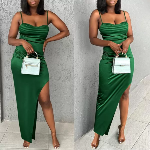 imageANRABESS Women Satin Maxi Dress Sleeveless Spaghetti Strap Cowl Neck Summer Ruched Bodycon High Slit Formal DressesDeep Green