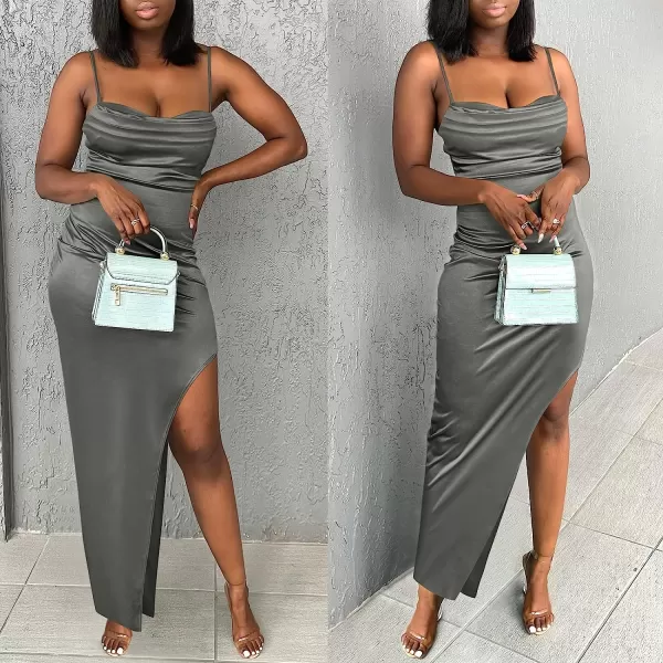 imageANRABESS Women Satin Maxi Dress Sleeveless Spaghetti Strap Cowl Neck Summer Ruched Bodycon High Slit Formal DressesGray
