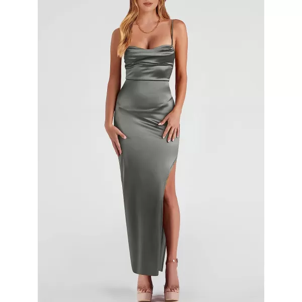 imageANRABESS Women Satin Maxi Dress Sleeveless Spaghetti Strap Cowl Neck Summer Ruched Bodycon High Slit Formal DressesGray