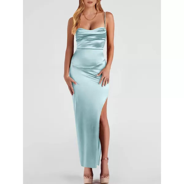 imageANRABESS Women Satin Maxi Dress Sleeveless Spaghetti Strap Cowl Neck Summer Ruched Bodycon High Slit Formal DressesLight Blue