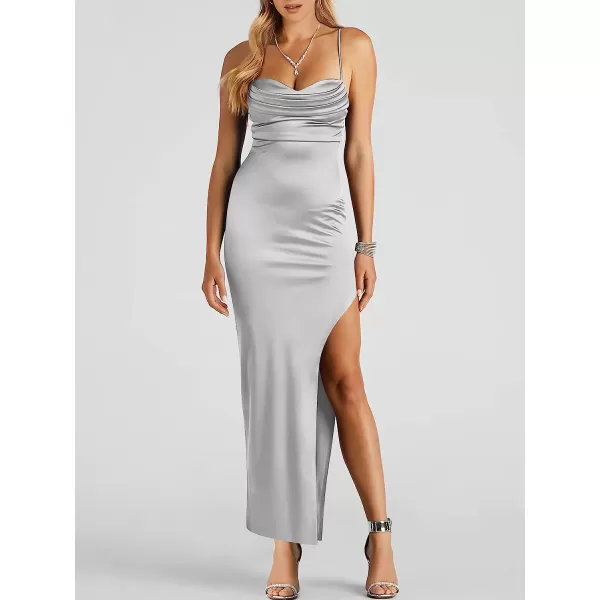 imageANRABESS Women Satin Maxi Dress Sleeveless Spaghetti Strap Cowl Neck Summer Ruched Bodycon High Slit Formal DressesLight Gray