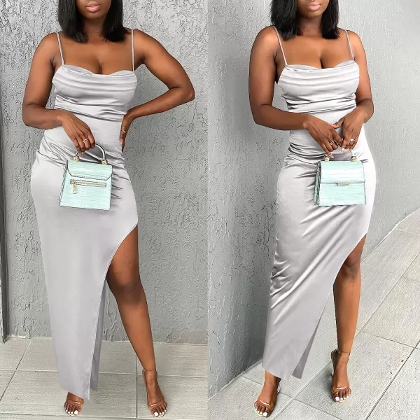 imageANRABESS Women Satin Maxi Dress Sleeveless Spaghetti Strap Cowl Neck Summer Ruched Bodycon High Slit Formal DressesLight Gray