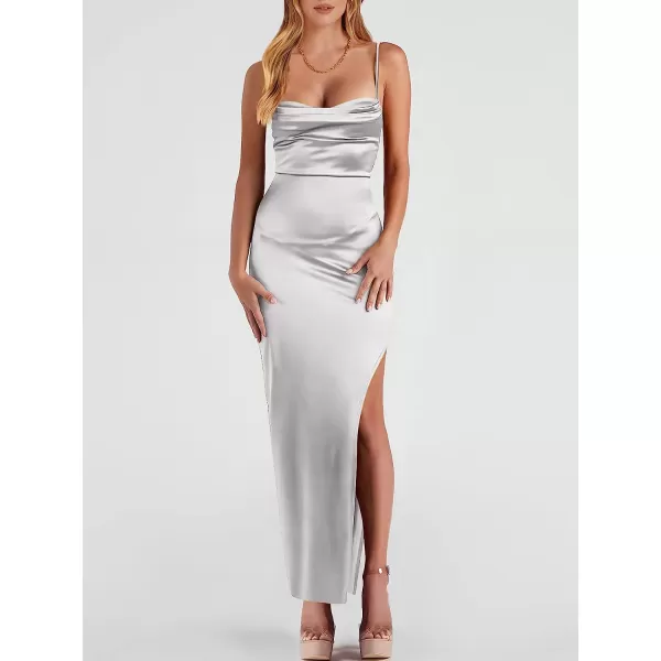 imageANRABESS Women Satin Maxi Dress Sleeveless Spaghetti Strap Cowl Neck Summer Ruched Bodycon High Slit Formal DressesLight Gray